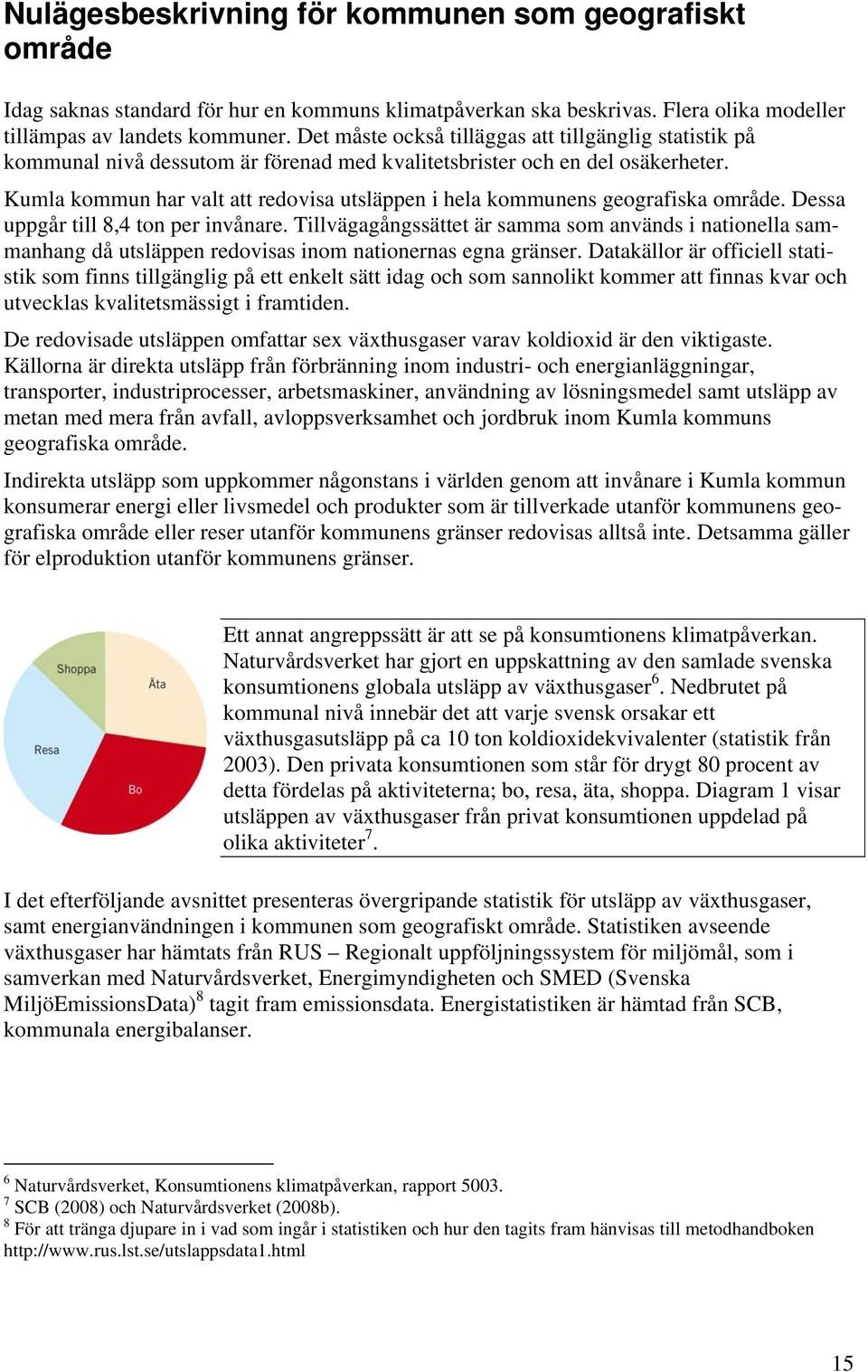 Kumla kommun har valt att redovisa utsläppen i hela kommunens geografiska område. Dessa uppgår till 8,4 ton per invånare.