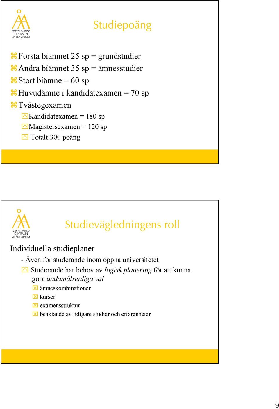 Studievägledningens roll Individuella studieplaner - Även för studerande inom öppna universitetet Studerande har behov av