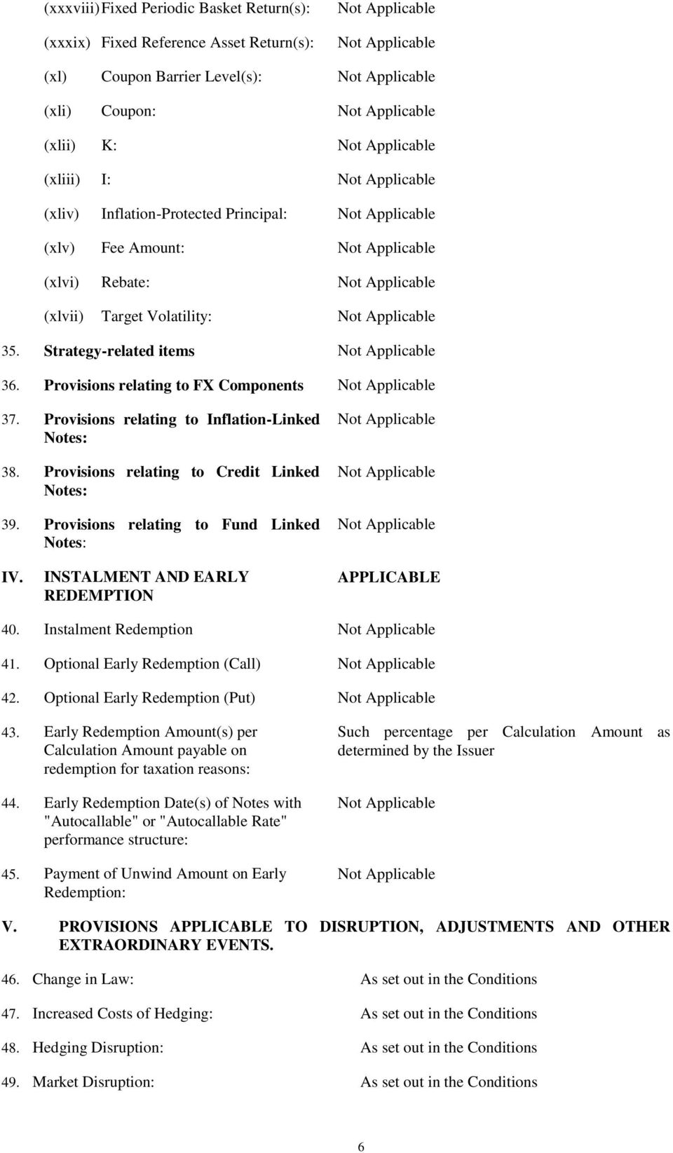 Provisions relating to Credit Linked Notes: 39. Provisions relating to Fund Linked Notes: IV. INSTALMENT AND EARLY REDEMPTION APPLICABLE 40. Instalment Redemption 41.