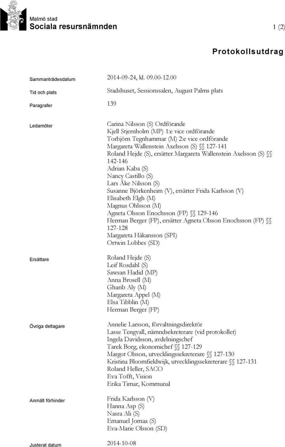 ordförande Torbjörn Tegnhammar (M) 2:e vice ordförande Margareta Wallenstein Axelsson (S) 127-141 Roland Hejde (S), ersätter Margareta Wallenstein Axelsson (S) 142-146 Adrian Kaba (S) Nancy Castillo