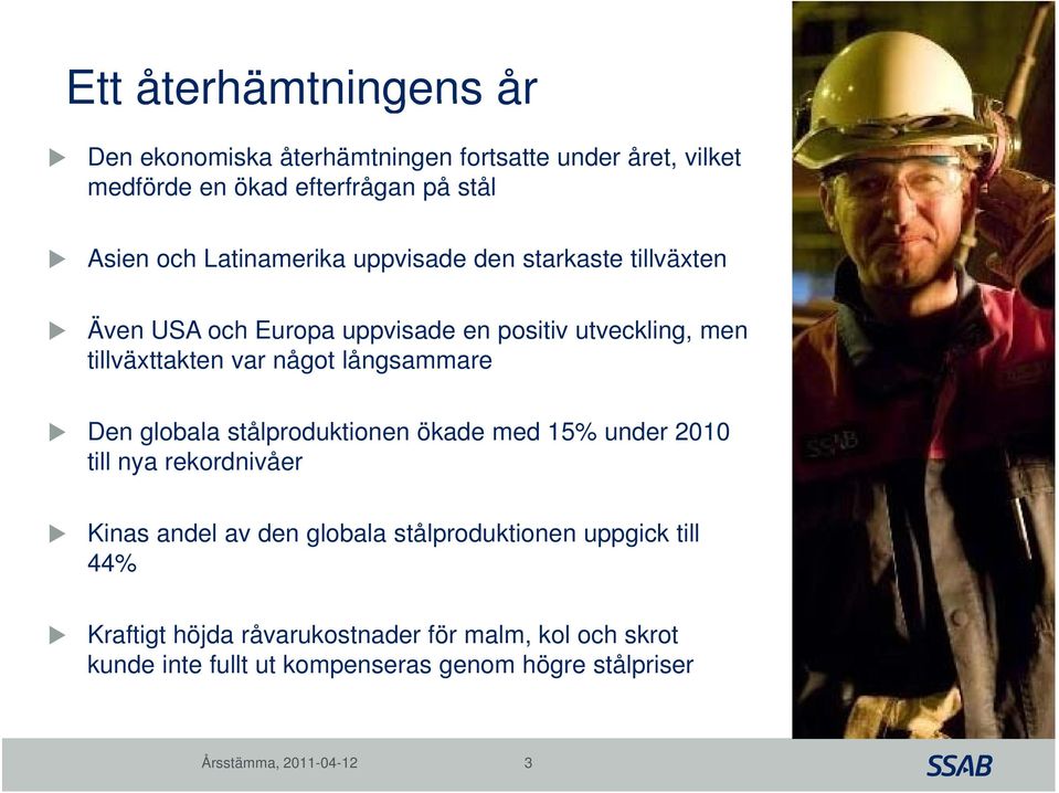 långsammare Den globala stålproduktionen ökade med 15% under 2010 till nya rekordnivåer Kinas andel av den globala