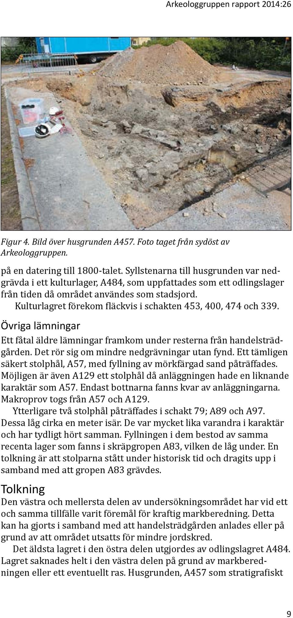 Kulturlagret förekom fläckvis i schakten 453, 400, 474 och 339. Övriga lämningar Ett fåtal äldre lämningar framkom under resterna från handelsträdgården. Det rör sig om mindre nedgrävningar utan fynd.