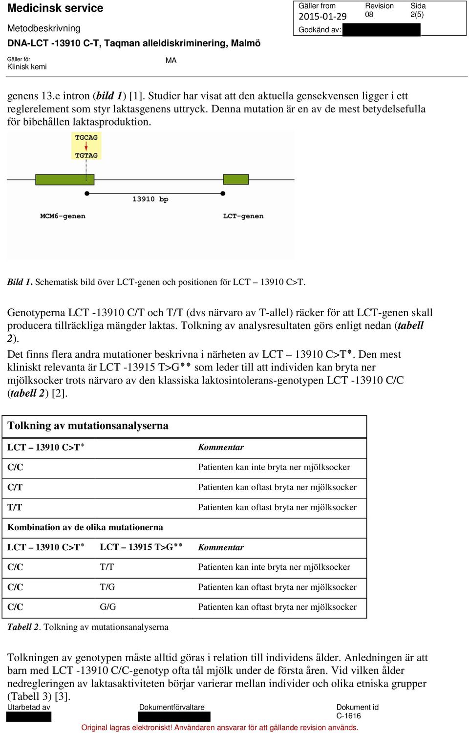 Genotyperna LCT -13910 C/T och T/T (dvs närvaro av T-allel) räcker för att LCT-genen skall producera tillräckliga mängder laktas. Tolkning av analysresultaten görs enligt nedan (tabell 2).