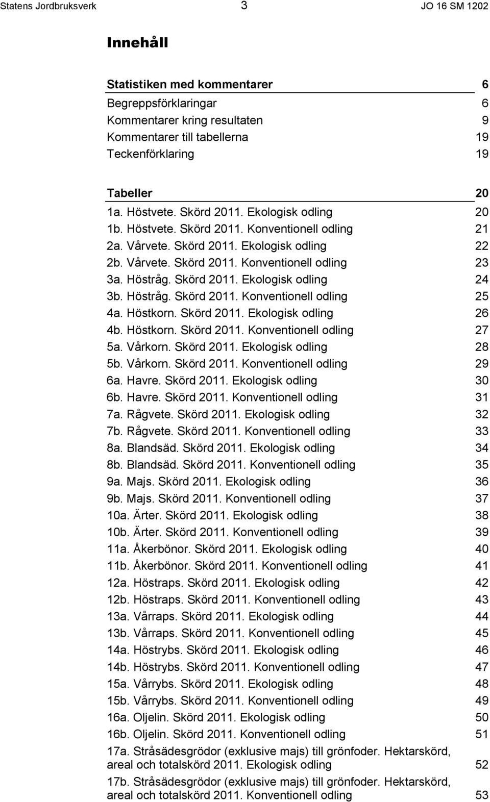 Skörd 2011. Ekologisk odling 24 3b. Höstråg. Skörd 2011. Konventionell odling 25 4a. Höstkorn. Skörd 2011. Ekologisk odling 26 4b. Höstkorn. Skörd 2011. Konventionell odling 27 5a. Vårkorn.