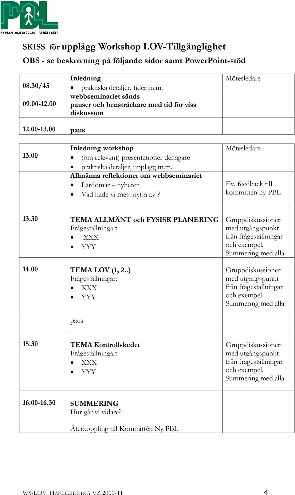 Mötesledare Ev. feedback till kommittén ny PBL 13.30 TEMA ALLMÄNT och FYSISK PLANERING Frågeställningar: XXX YYY 14.00 TEMA LOV (1, 2.