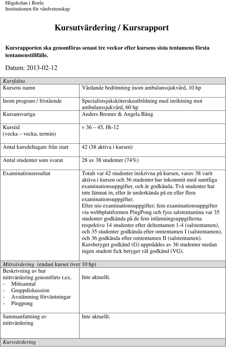 Specialistsjuksköterskeutbildning med inriktning mot ambulanssjukvård, 60 hp Anders Bremer & Angela Bång v 36 45, Ht-12 42 (38 aktiva i kursen) Antal studenter som svarat 28 av 38 studenter (74%)