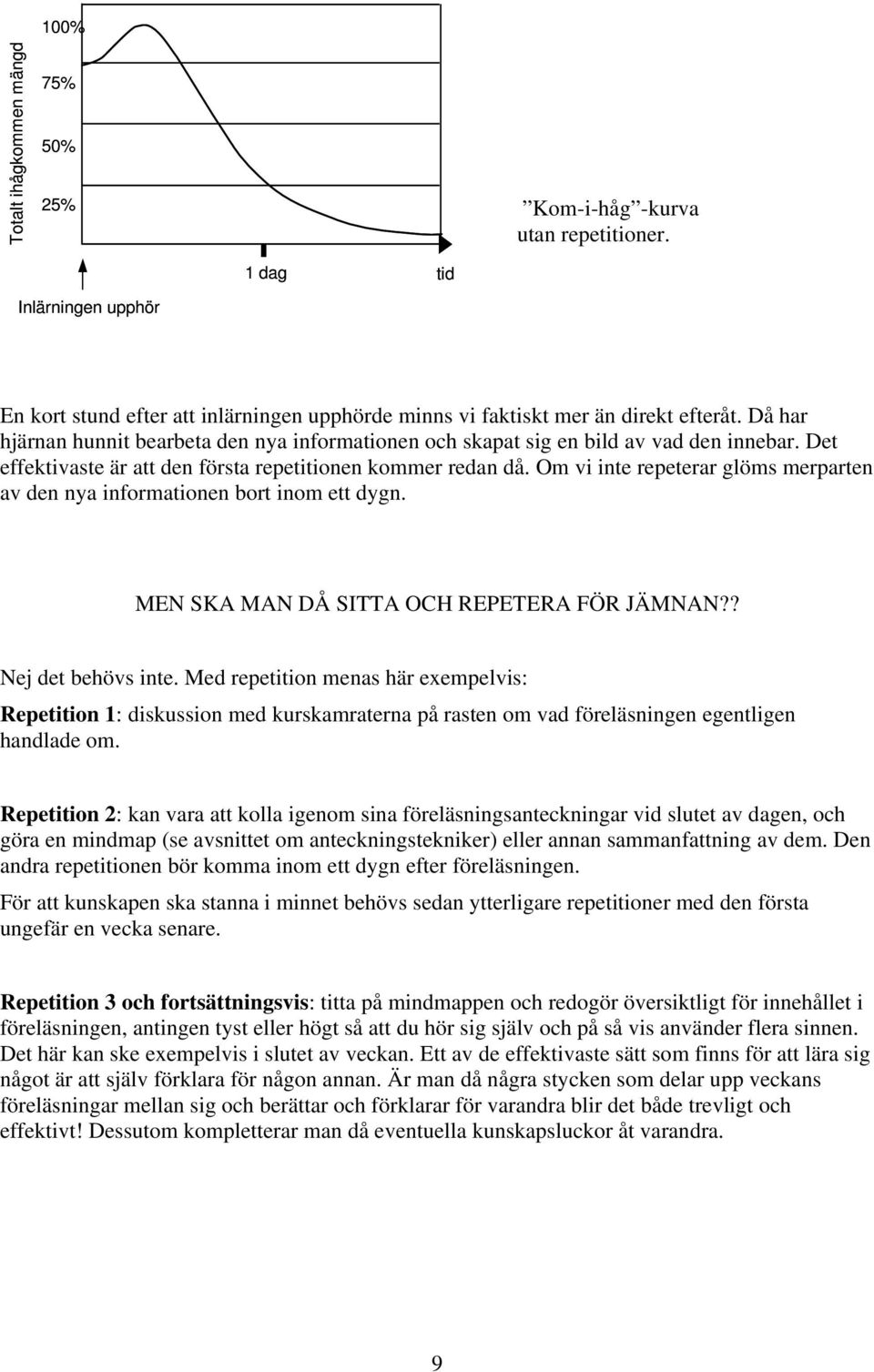 Om vi inte repeterar glöms merparten av den nya informationen bort inom ett dygn. MEN SKA MAN DÅ SITTA OCH REPETERA FÖR JÄMNAN?? Nej det behövs inte.