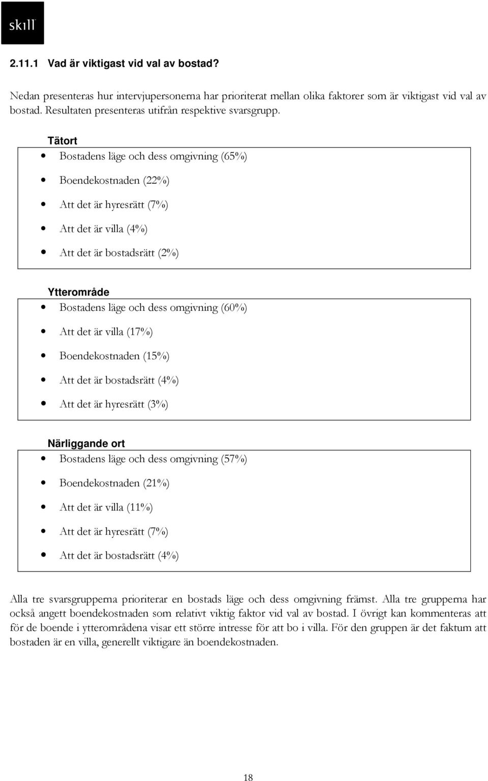 Tätort Bostadens läge och dess omgivning (65%) Boendekostnaden (22%) Att det är hyresrätt (7%) Att det är villa (4%) Att det är bostadsrätt (2%) Ytterområde Bostadens läge och dess omgivning (60%)
