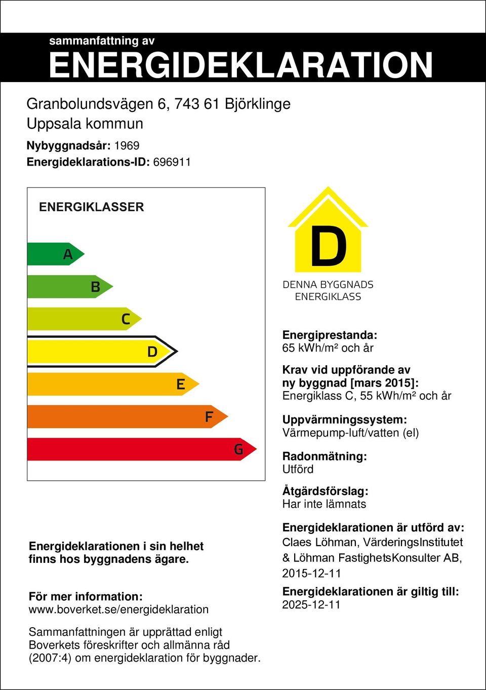 Energideklarationen i sin helhet finns hos byggnadens ägare. För mer information: www.boverket.