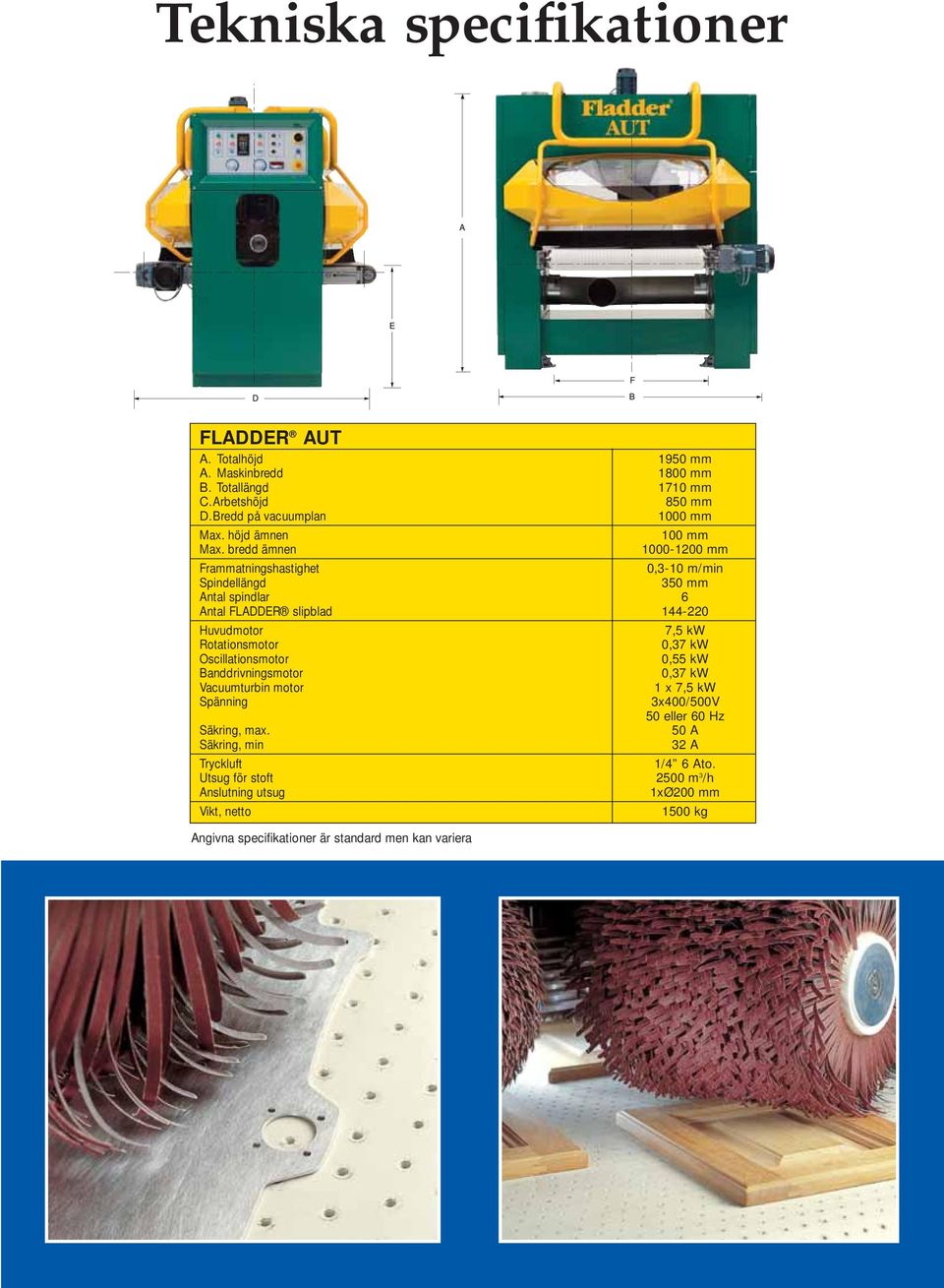 bredd ämnen 1000-1200 mm Frammatningshastighet 0,3-10 m/min Spindellängd 350 mm Antal spindlar 6 Antal FLADDER slipblad 144-220 Huvudmotor 7,5 kw Rotationsmotor 0,37