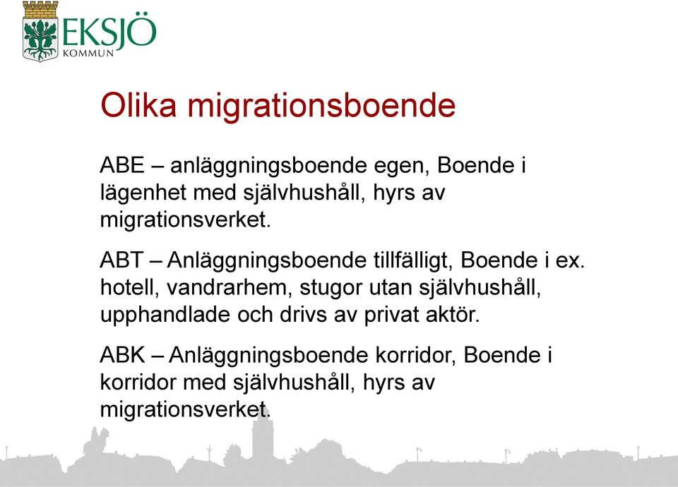 ABT Anläggningsboende tillfälligt, Boende i ex.