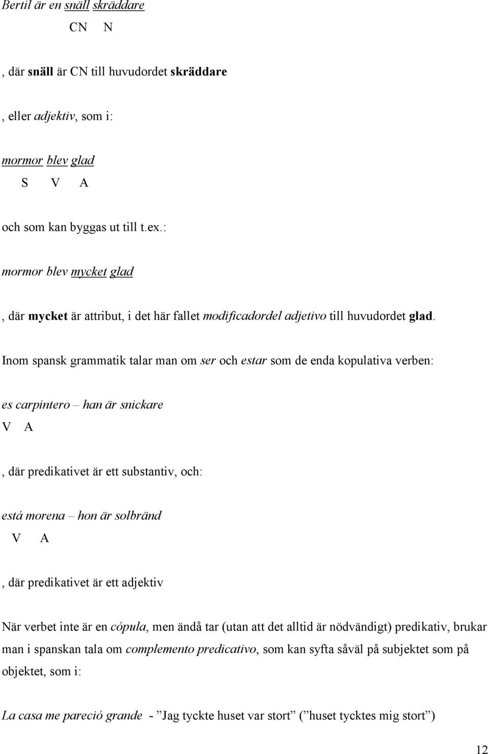 Inom spansk grammatik talar man om ser och estar som de enda kopulativa verben: es carpintero han är snickare V A, där predikativet är ett substantiv, och: está morena hon är solbränd V A, där