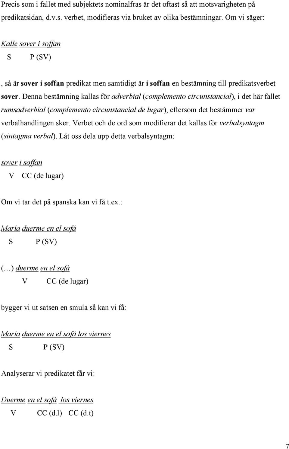 Denna bestämning kallas för adverbial (complemento circunstancial), i det här fallet rumsadverbial (complemento circunstancial de lugar), eftersom det bestämmer var verbalhandlingen sker.