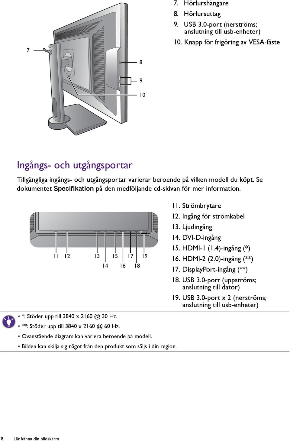 Se dokumentet Specifikation på den medföljande cd-skivan för mer information. 11 12 13 14 15 17 19 16 18 *: Stöder upp till 3840 x 2160 @ 30 Hz. **: Stöder upp till 3840 x 2160 @ 60 Hz.