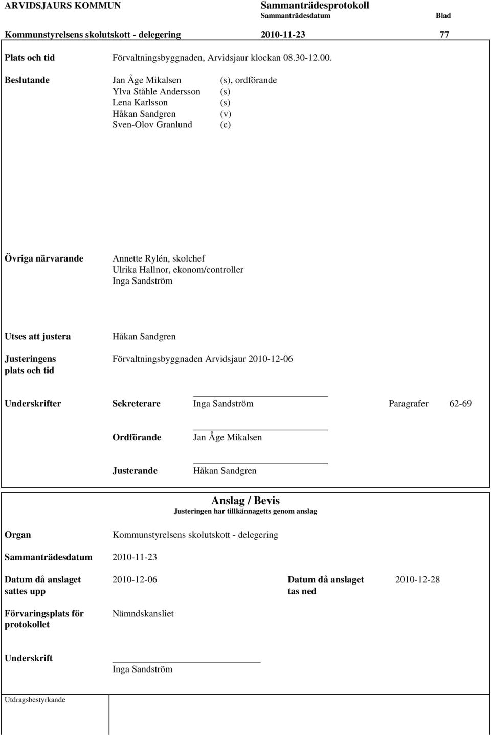 ekonom/controller Inga Sandström Utses att justera Håkan Sandgren Justeringens Förvaltningsbyggnaden Arvidsjaur 2010-12-06 plats och tid Underskrifter Sekreterare Inga Sandström Paragrafer 62-69