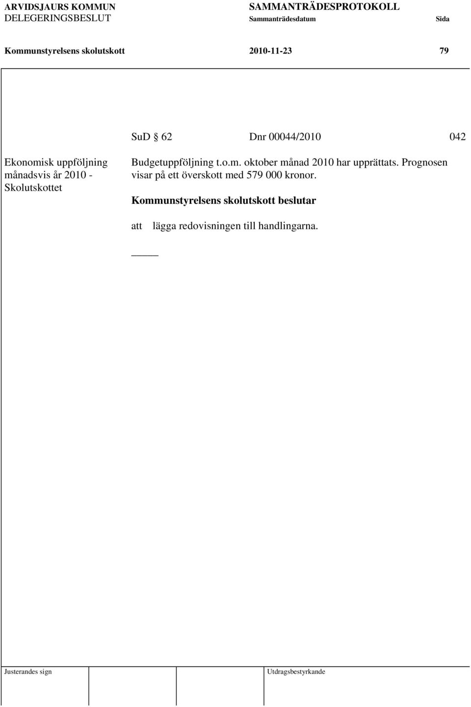 o.m. oktober månad 2010 har upprättats. Prognosen visar på ett överskott med 579 000 kronor.