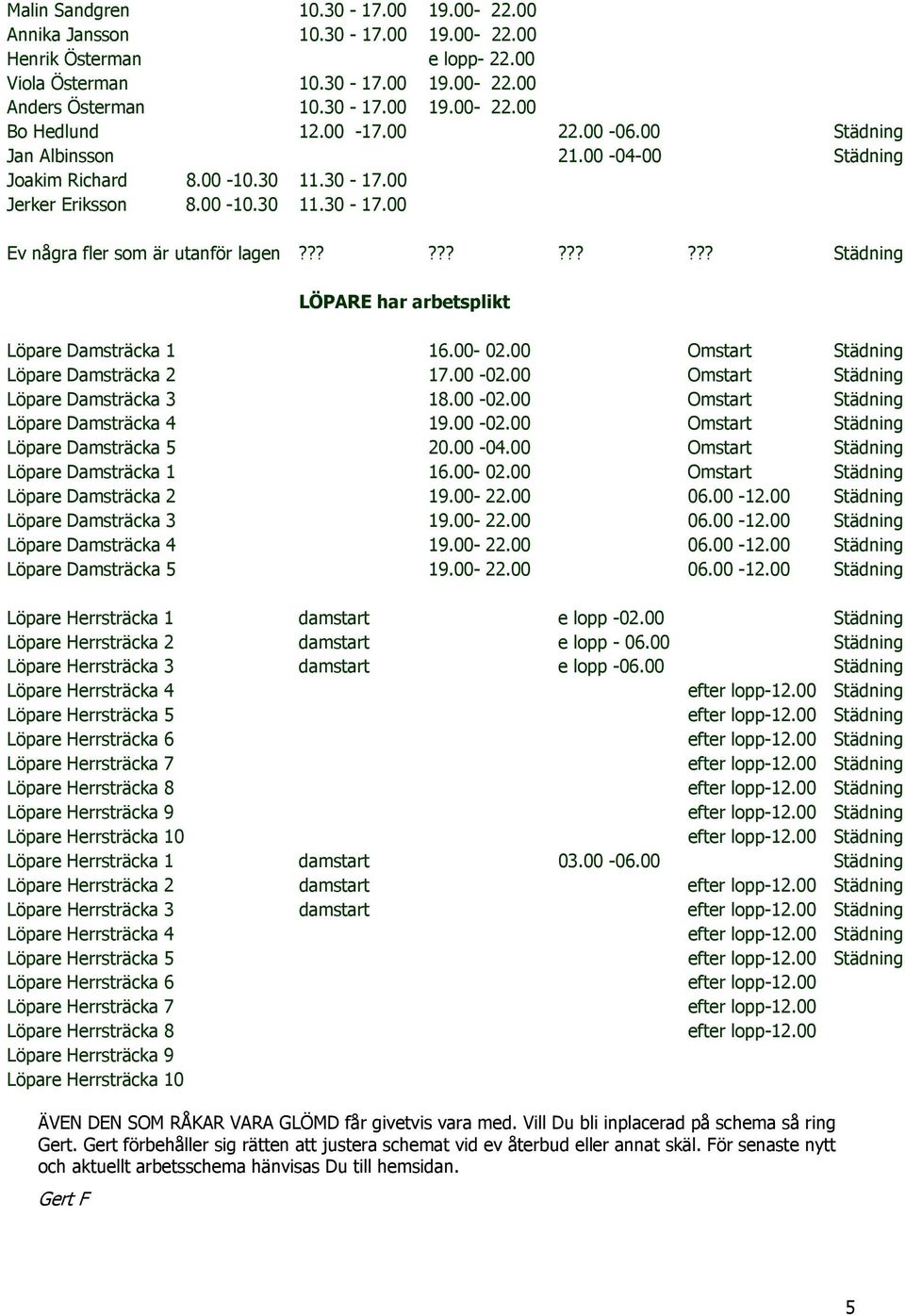 ??????????? Städning LÖPARE har arbetsplikt Löpare Damsträcka 1 16.00-02.00 Omstart Städning Löpare Damsträcka 2 17.00-02.00 Omstart Städning Löpare Damsträcka 3 18.00-02.00 Omstart Städning Löpare Damsträcka 4 19.