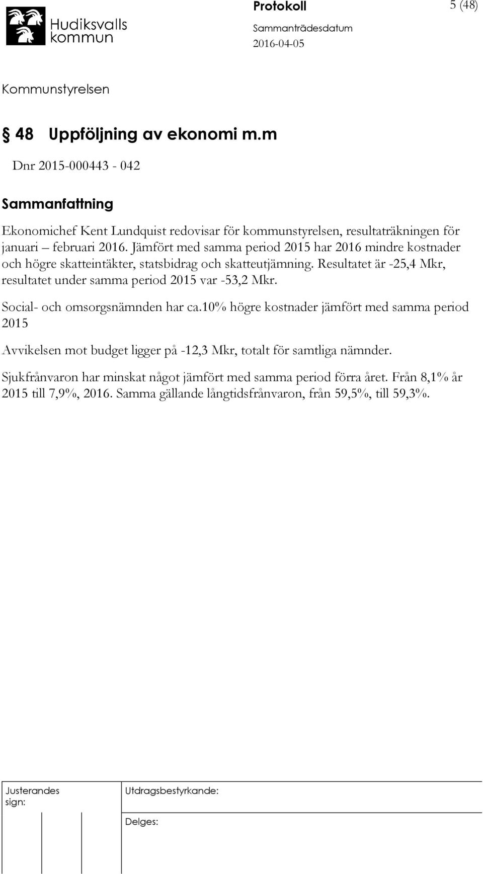 Jämfört med samma period 2015 har 2016 mindre kostnader och högre skatteintäkter, statsbidrag och skatteutjämning.