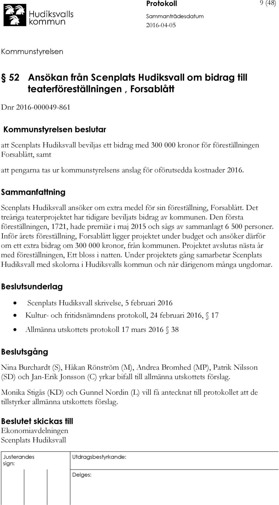 Det treåriga teaterprojektet har tidigare beviljats bidrag av kommunen. Den första föreställningen, 1721, hade premiär i maj 2015 och sågs av sammanlagt 6 500 personer.