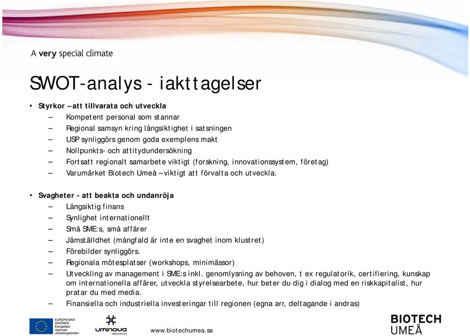 Svagheter - att beakta och undanröja Långsiktig finans Synlighet internationellt Små SME:s, små affärer Jämställdhet (mångfald är inte en svaghet inom klustret) Förebilder synliggörs.