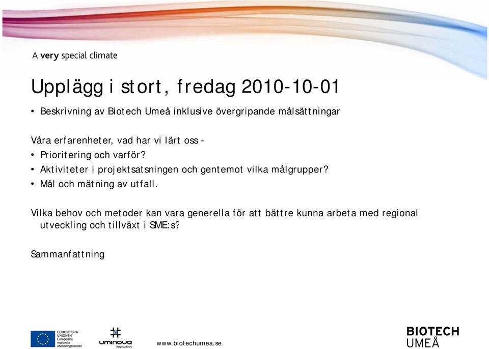Aktiviteter i projektsatsningen och gentemot vilka målgrupper? Mål och mätning av utfall.