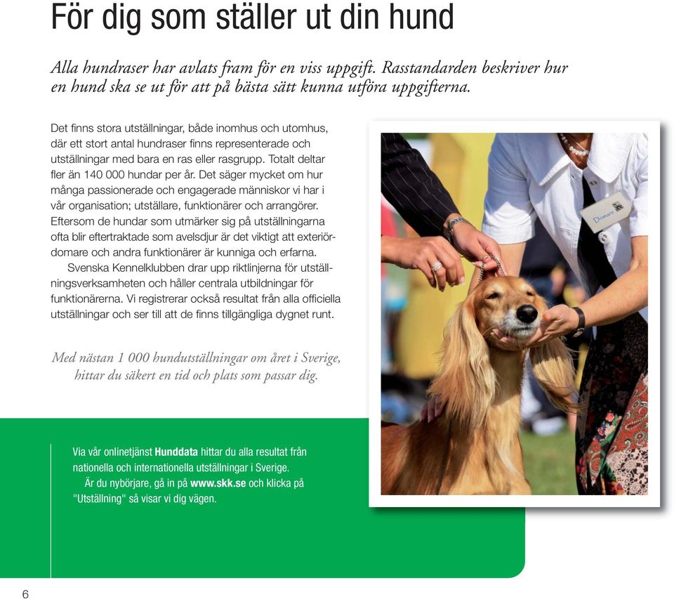 Totalt deltar fler än 140 000 hundar per år. Det säger mycket om hur många passionerade och engagerade människor vi har i vår organisation; utställare, funktionärer och arrangörer.