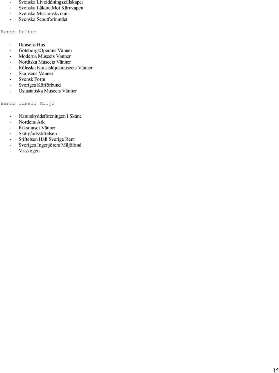 Skansens Vänner - Svensk Form - Sveriges Körförbund - Östasiatiska Museets Vänner Banco Ideell Miljö - Naturskyddsföreningen i