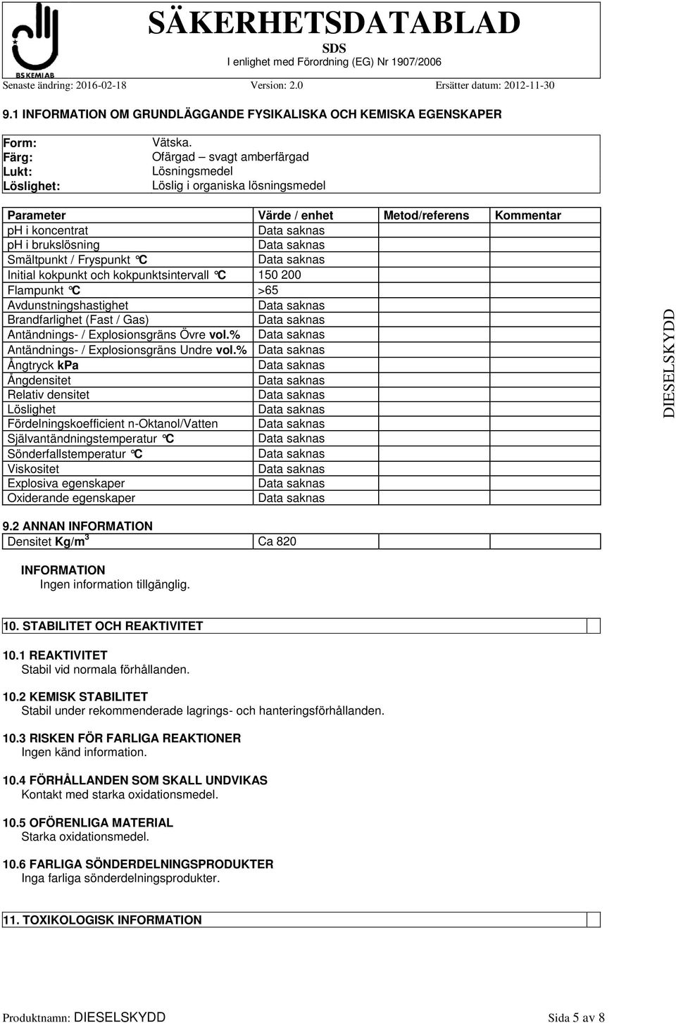 och kokpunktsintervall C 150 200 Flampunkt C >65 Avdunstningshastighet Brandfarlighet (Fast / Gas) Antändnings- / Explosionsgräns Övre vol.% Antändnings- / Explosionsgräns Undre vol.