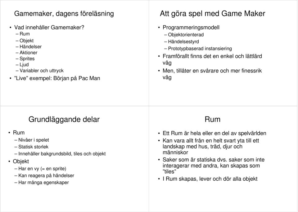 instansiering Framförallt finns det en enkel och lättlärd väg Men, tillåter en svårare och mer finessrik väg Grundläggande delar Rum Nivåer i spelet Statisk storlek Innehåller bakgrundsbild, tiles