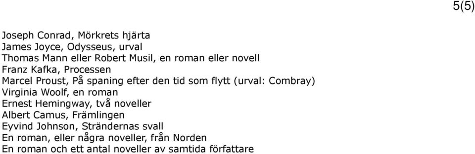 Virginia Woolf, en roman Ernest Hemingway, två noveller Albert Camus, Främlingen Eyvind Johnson,