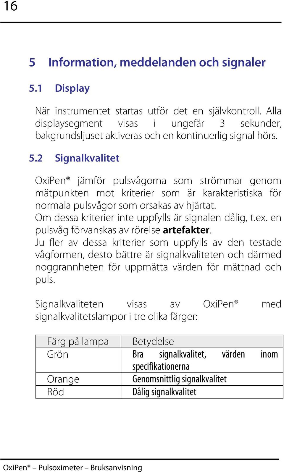 2 Signalkvalitet OxiPen jämför pulsvågorna som strömmar genom mätpunkten mot kriterier som är karakteristiska för normala pulsvågor som orsakas av hjärtat.