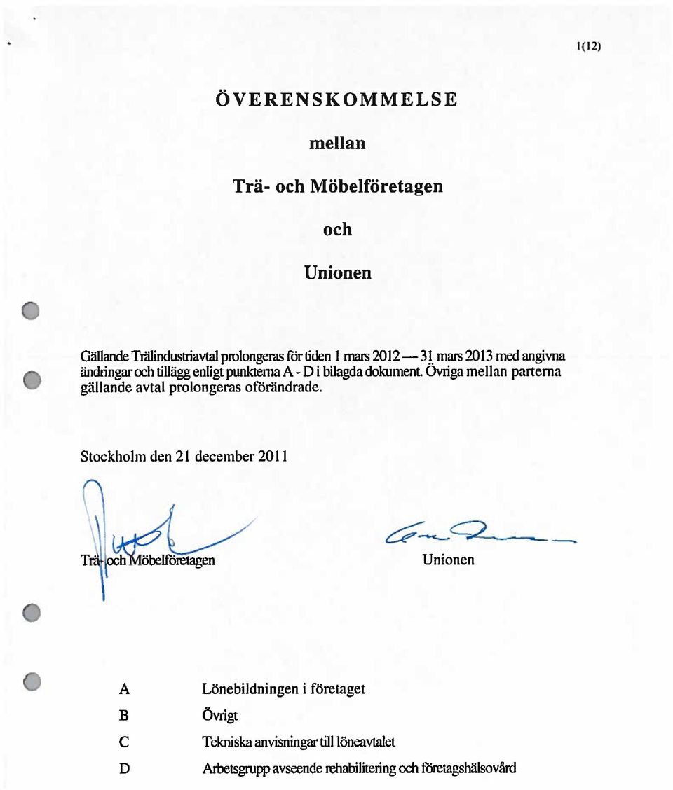 Ovriga mellan parterna gällande avtal prolongeras oförändrade. Stockholm den 21 december 2!! Unionen.