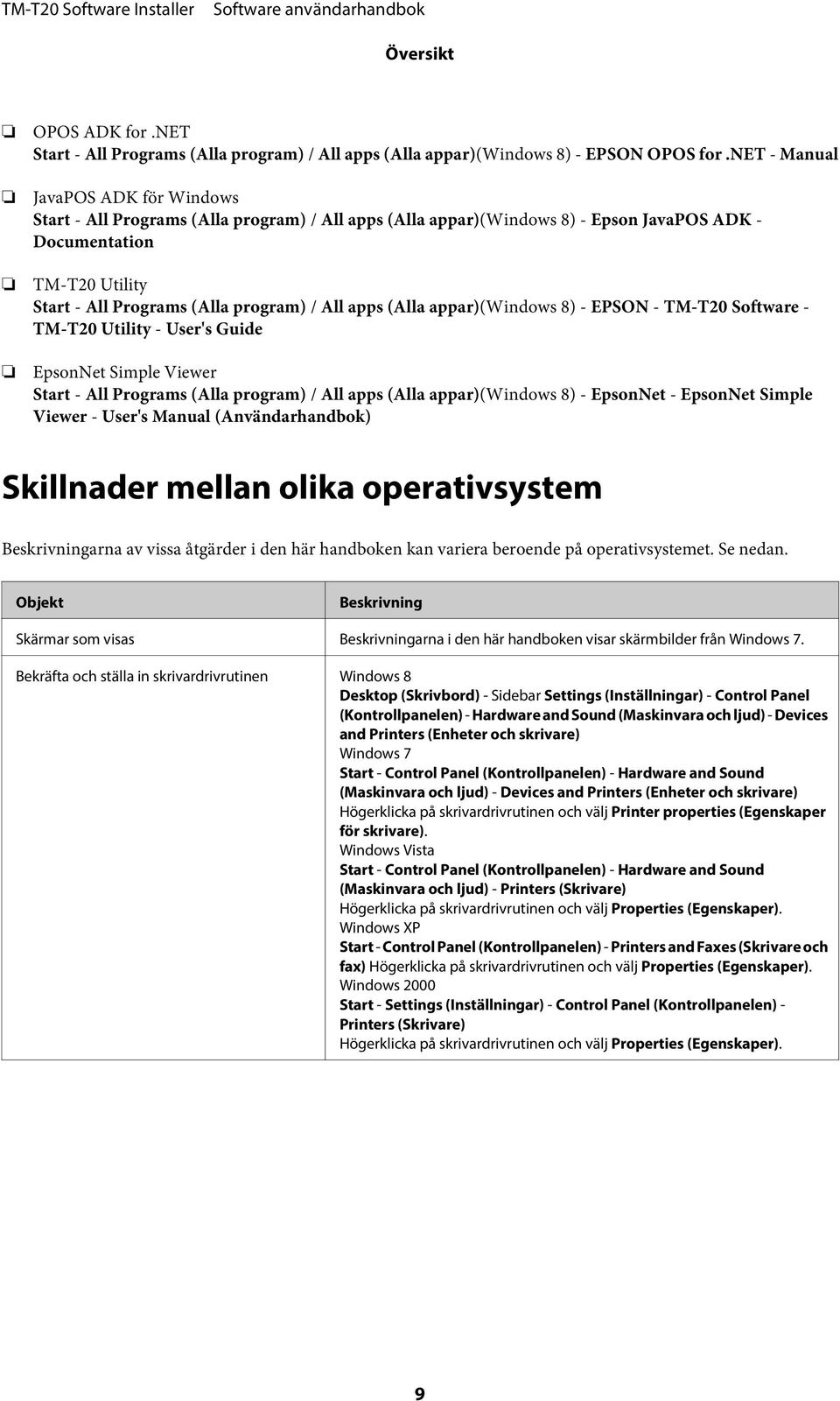 All apps (Alla appar)(windows 8) - EPSON - TM-T20 Software - TM-T20 Utility - User's Guide EpsonNet Simple Viewer Start - All Programs (Alla program) / All apps (Alla appar)(windows 8) - EpsonNet -