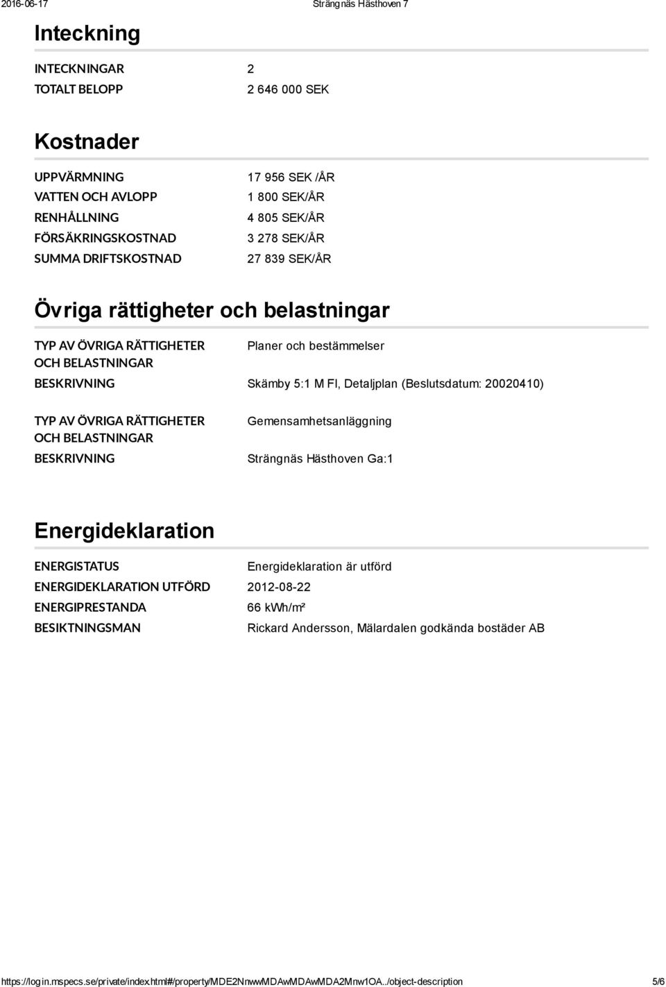 ÖVRIGA RÄTTIGHETER OCH BELASTNINGAR BESKRIVNING Gemensamhetsanläggning Strängnäs Hästhoven Ga:1 Energideklaration ENERGISTATUS Energideklaration är utförd ENERGIDEKLARATION UTFÖRD 2012 08 22