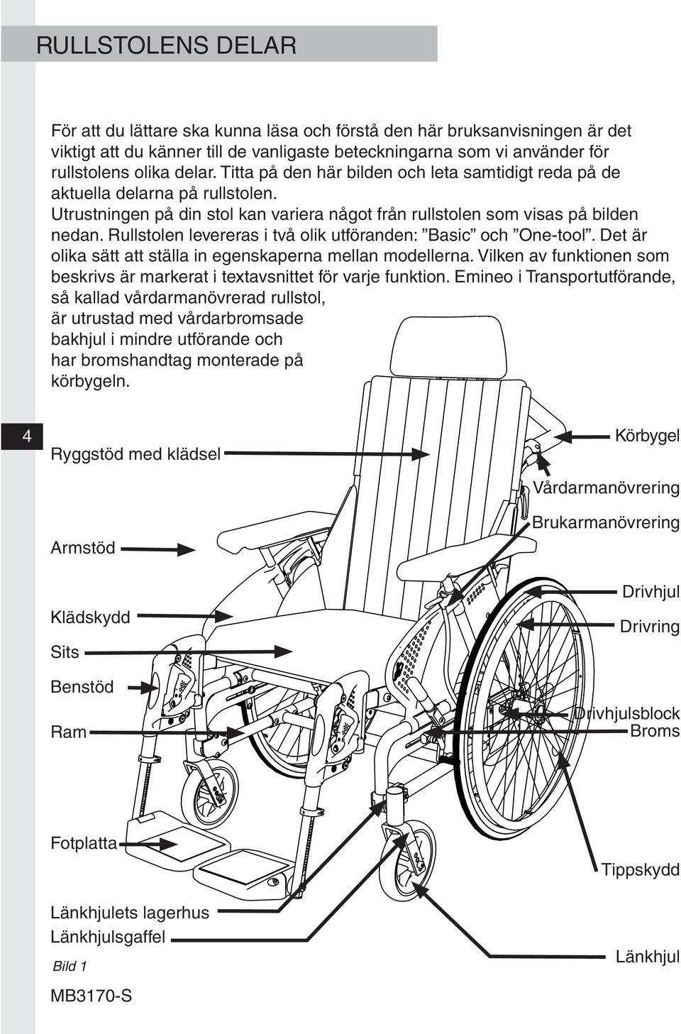 Rullstolen levereras i två olik utföranden: Basic och One-tool. Det är olika sätt att ställa in egenskaperna mellan modellerna.