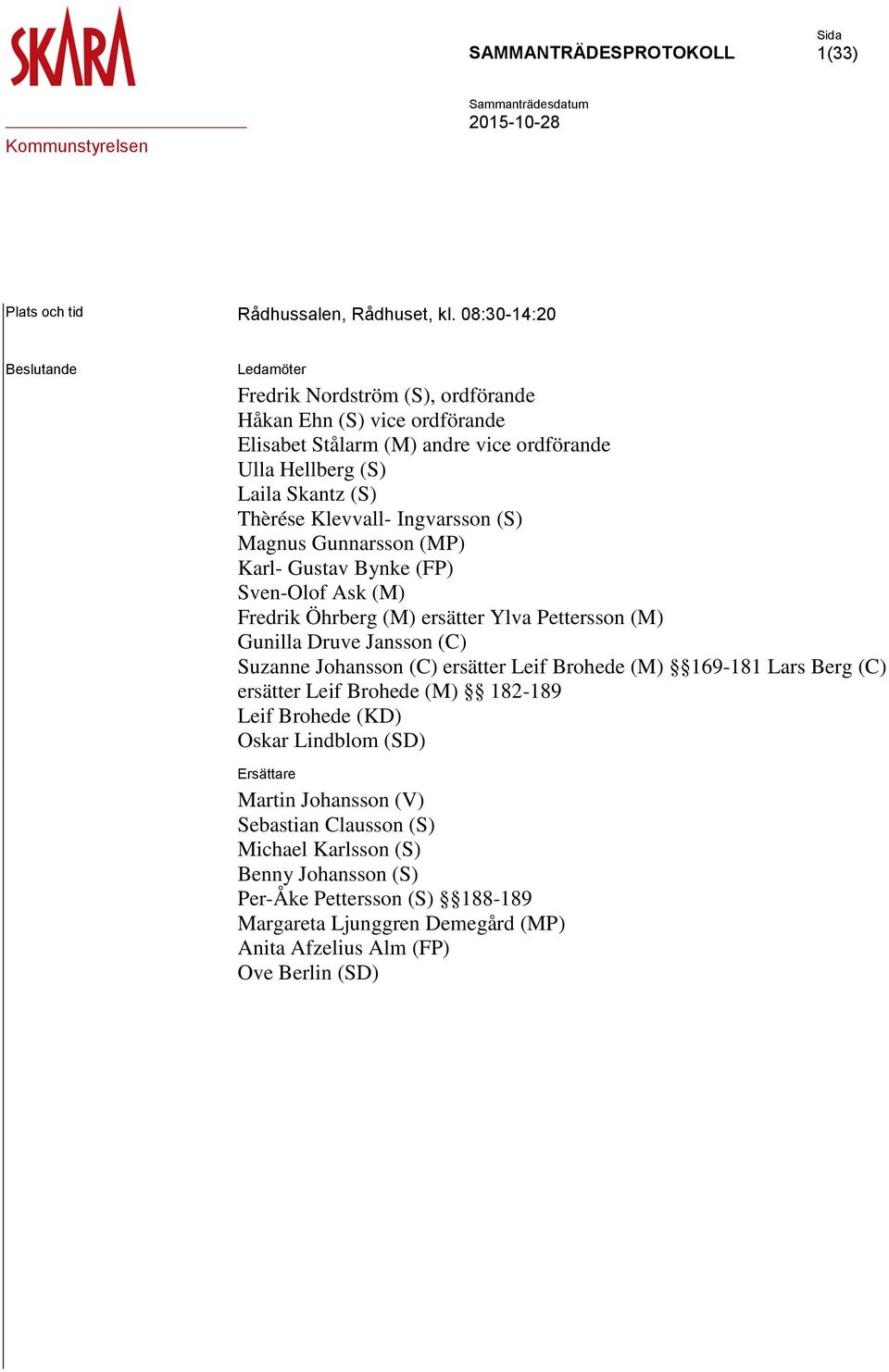 Klevvall- Ingvarsson (S) Magnus Gunnarsson (MP) Karl- Gustav Bynke (FP) Sven-Olof Ask (M) Fredrik Öhrberg (M) ersätter Ylva Pettersson (M) Gunilla Druve Jansson (C) Suzanne Johansson