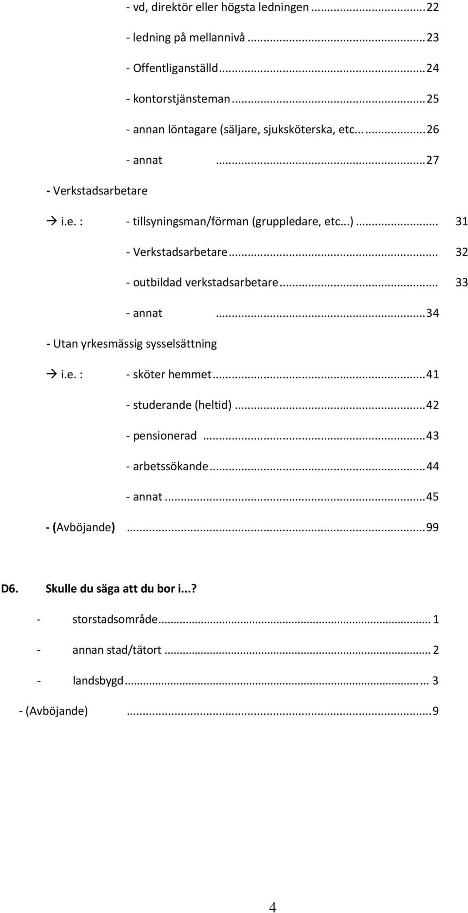 .. 31 Verkstadsarbetare... 32 outbildad verkstadsarbetare... 33 annat...34 Utan yrkesmässig sysselsättning i.e. : sköter hemmet.