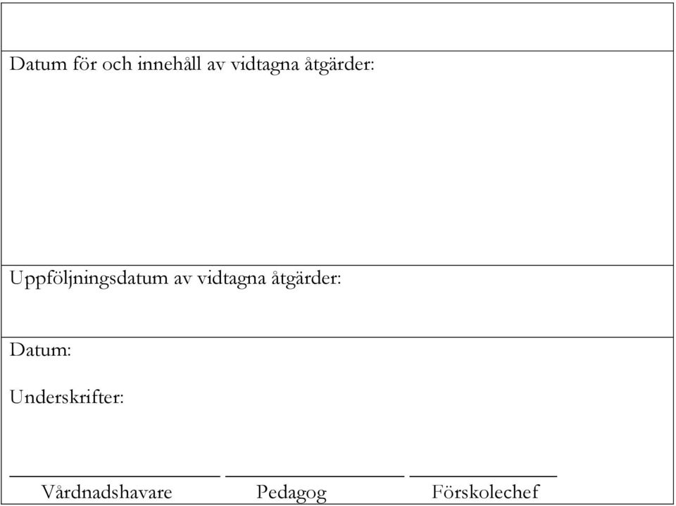 vidtagna åtgärder: Datum: