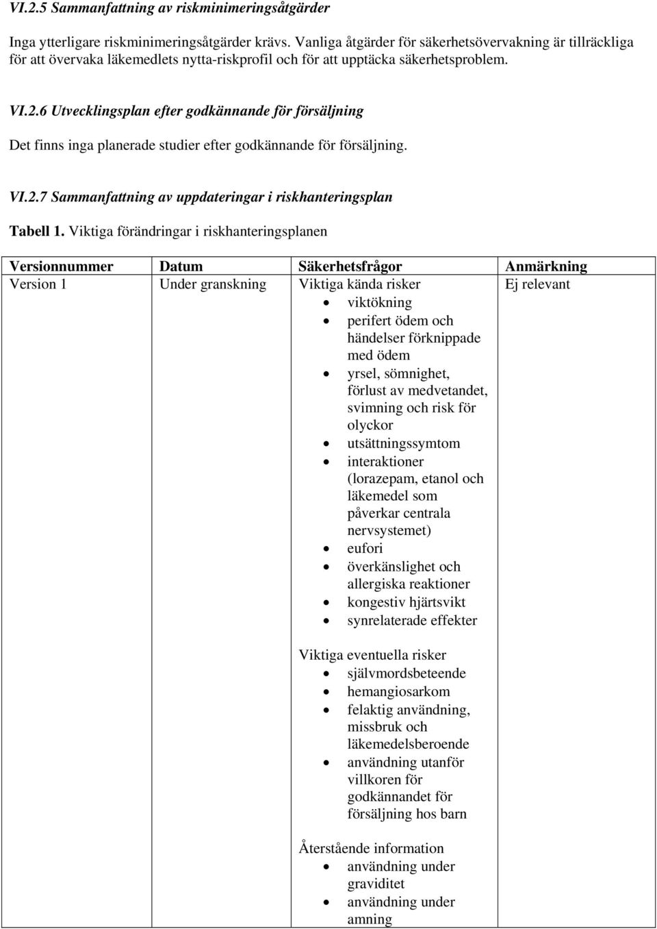 6 Utvecklingsplan efter godkännande för försäljning Det finns inga planerade studier efter godkännande för försäljning. VI.2.7 Sammanfattning av uppdateringar i riskhanteringsplan Tabell 1.