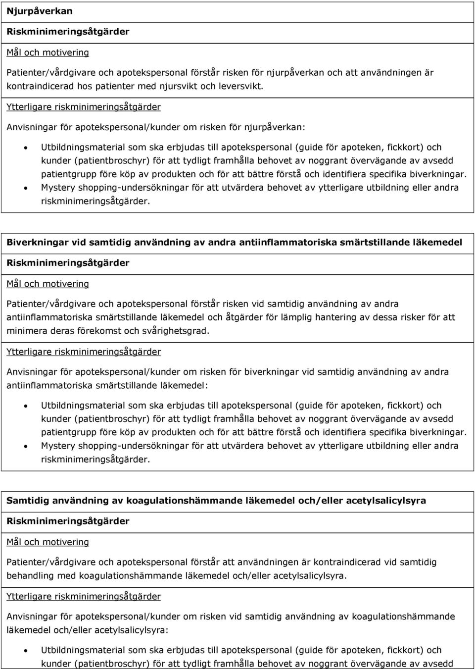 förstår risken vid samtidig användning av andra antiinflammatoriska smärtstillande läkemedel och åtgärder för lämplig hantering av dessa risker för att minimera deras förekomst och svårighetsgrad.