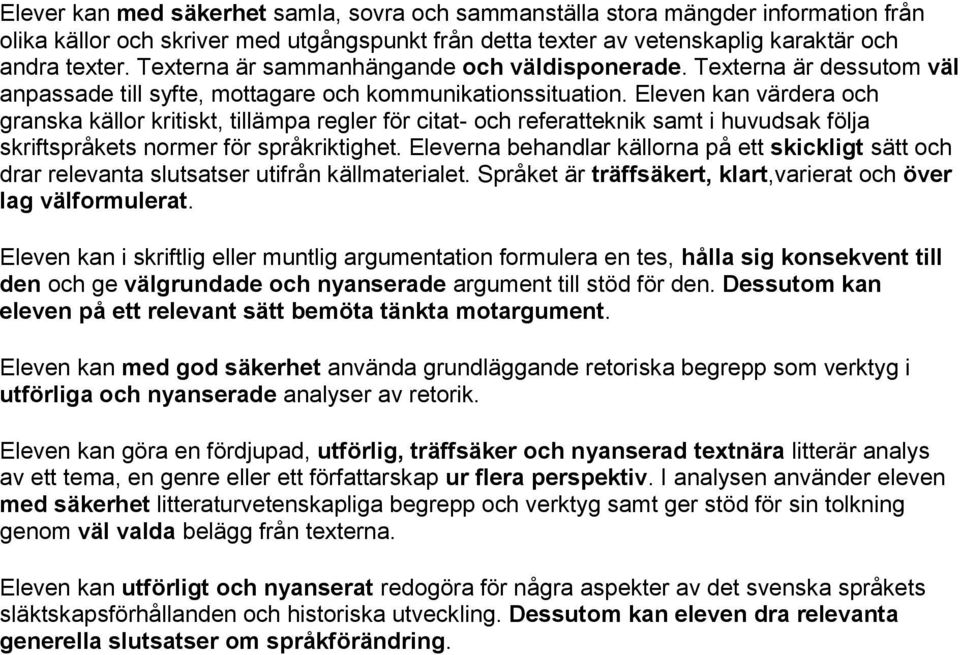 Eleven kan värdera och granska källor kritiskt, tillämpa regler för citat- och referatteknik samt i huvudsak följa skriftspråkets normer för språkriktighet.