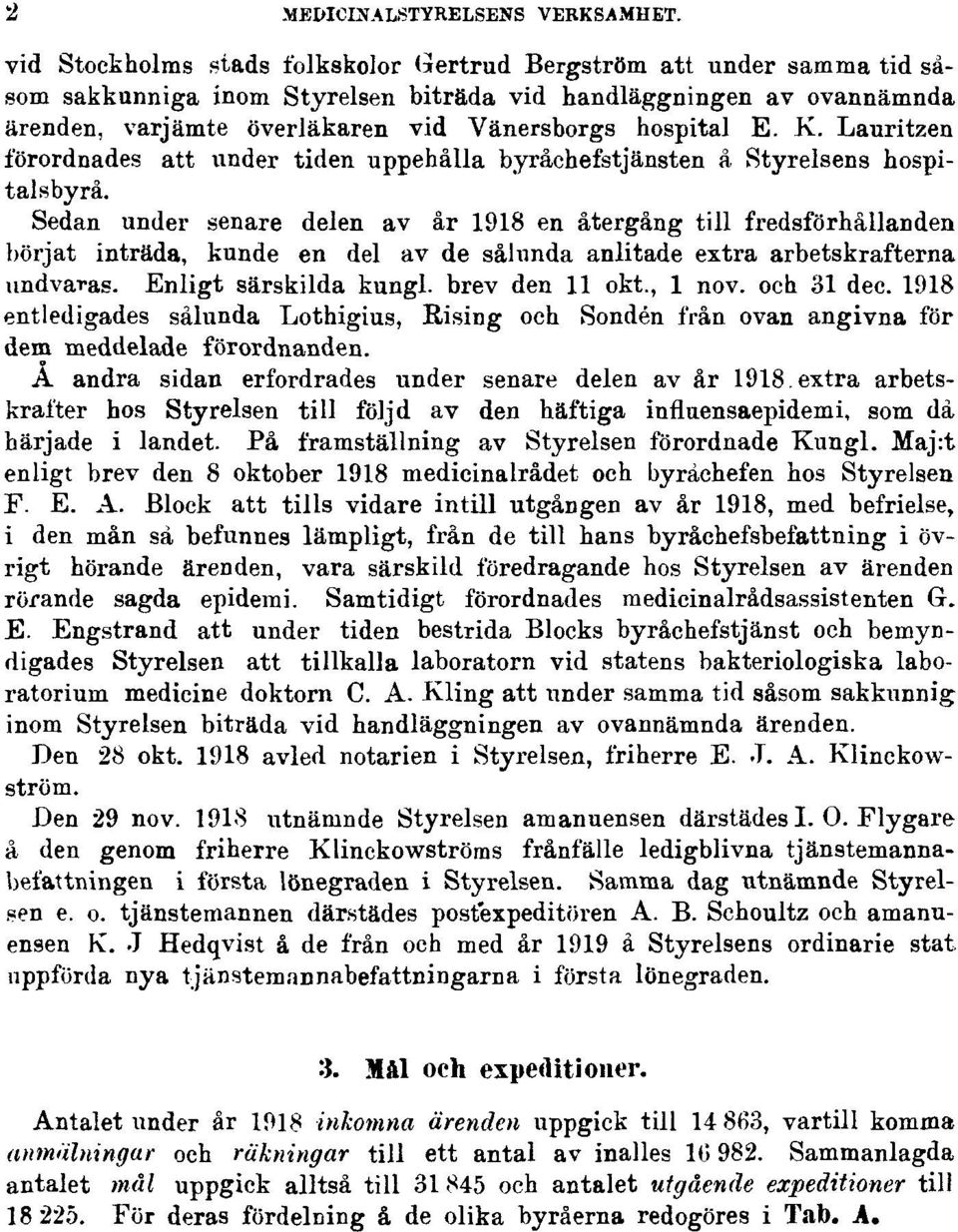 K. Lauritzen förordnades att under tiden uppehålla byråchefstjänsten å Styrelsens hospitalsbyrå.