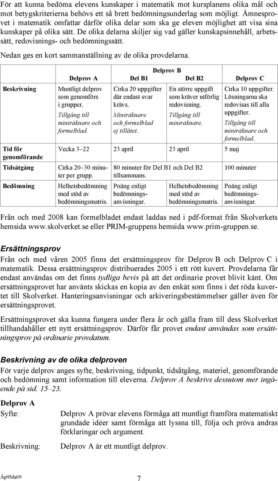 De olika delarna skiljer sig vad gäller kunskapsinnehåll, arbetssätt, redovisnings- och bedömningssätt. Nedan ges en kort sammanställning av de olika provdelarna.