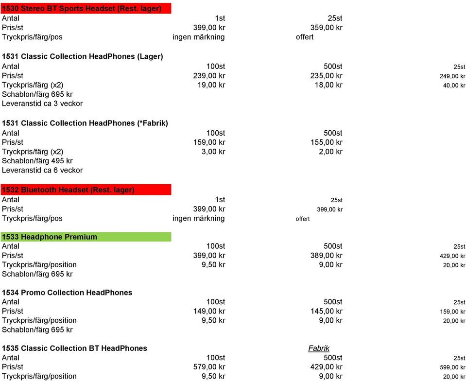 kr 18,00 kr 40,00 kr Leveranstid ca 3 veckor 1531 Classic Collection HeadPhones (*Fabrik) Pris/st 159,00 kr 155,00 kr Tryckpris/färg (x2) 3,00 kr 2,00 kr Leveranstid ca 6 veckor 1532 Bluetooth