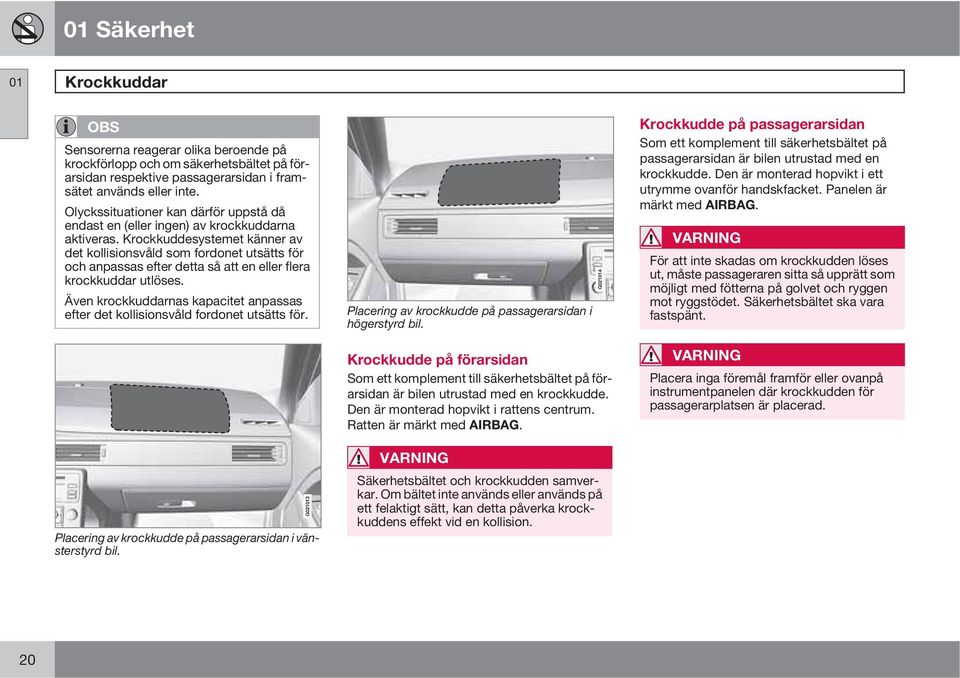 Krockkuddesystemet känner av det kollisionsvåld som fordonet utsätts för och anpassas efter detta så att en eller flera krockkuddar utlöses.