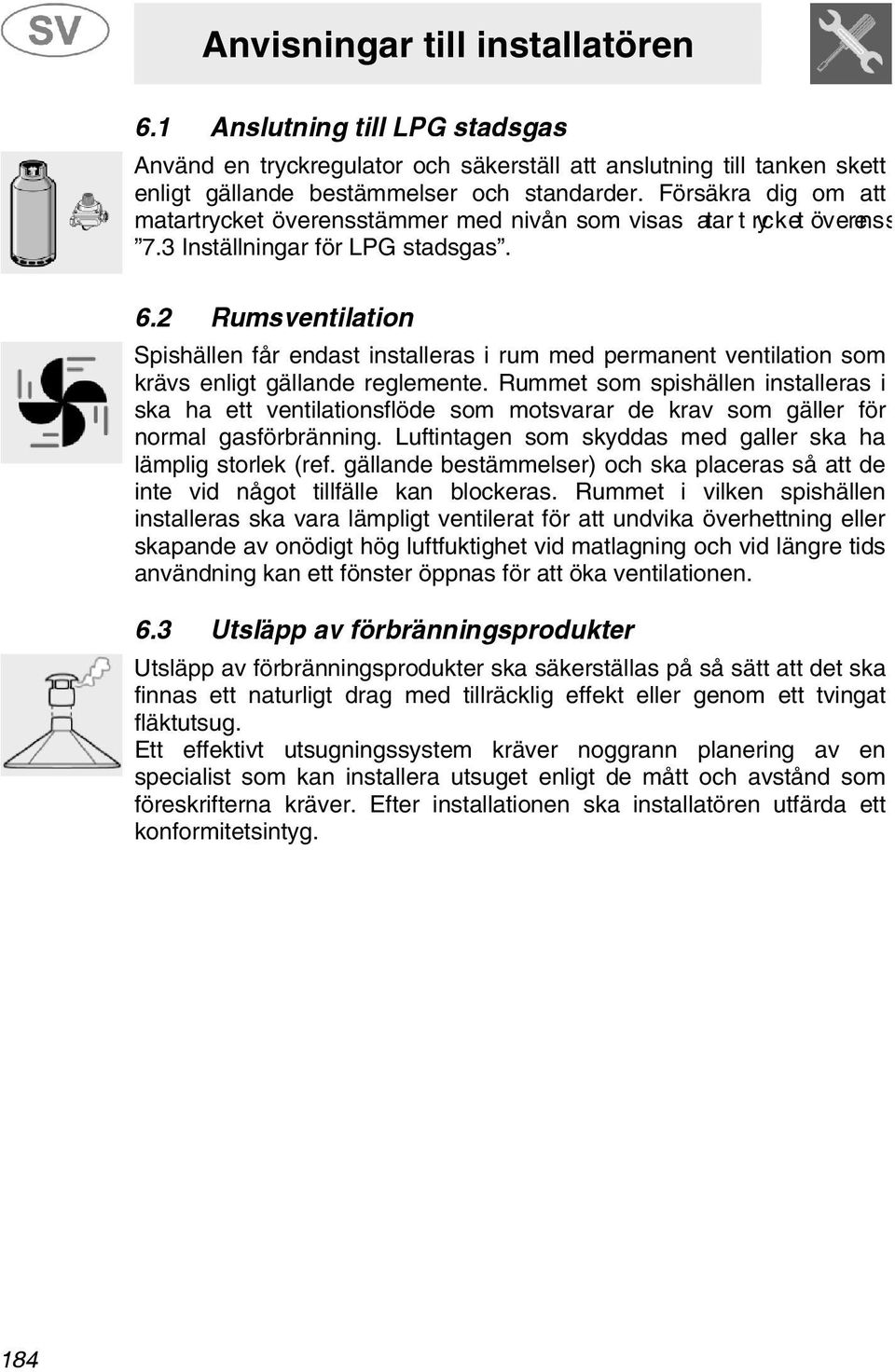 2 Rumsventilation Spishällen får endast installeras i rum med permanent ventilation som krävs enligt gällande reglemente.