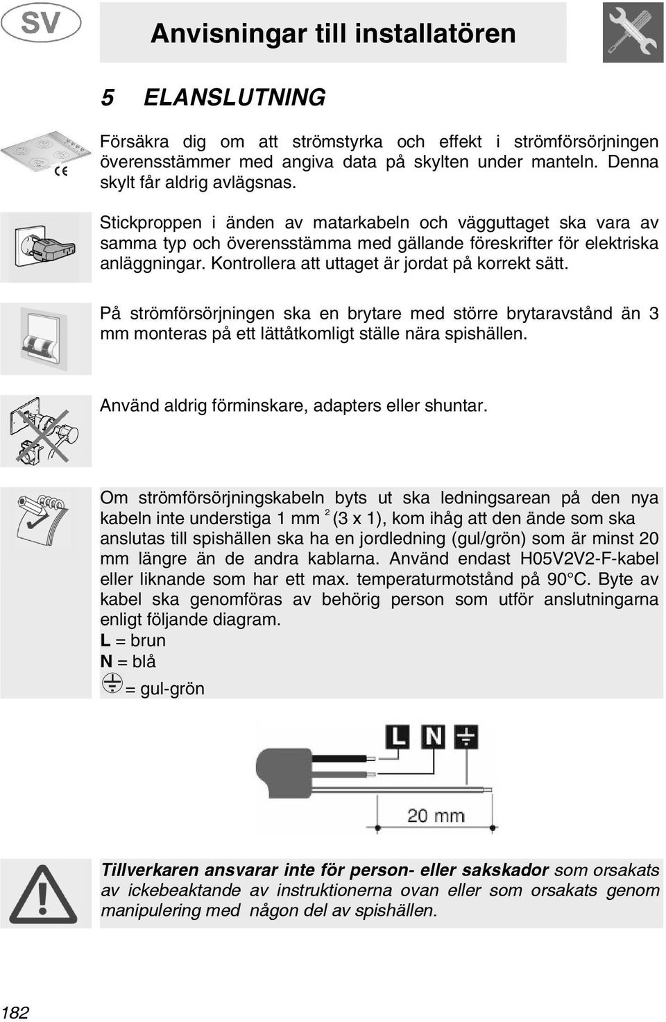 På strömförsörjningen ska en brytare med större brytaravstånd än 3 mm monteras på ett lättåtkomligt ställe nära spishällen. Använd aldrig förminskare, adapters eller shuntar.