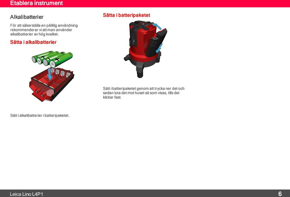 Sätta i alkalibatterier Sätt i batteripaketet genom att trycka ner det och sedan luta det