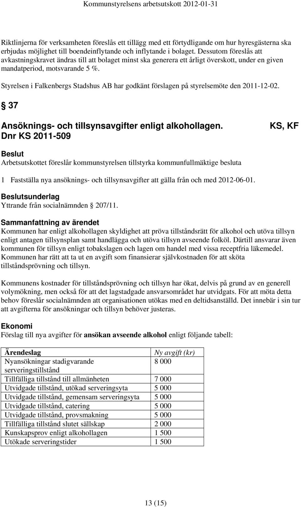 Styrelsen i Falkenbergs Stadshus AB har godkänt förslagen på styrelsemöte den 2011-12-02. 37 Ansöknings- och tillsynsavgifter enligt alkohollagen.