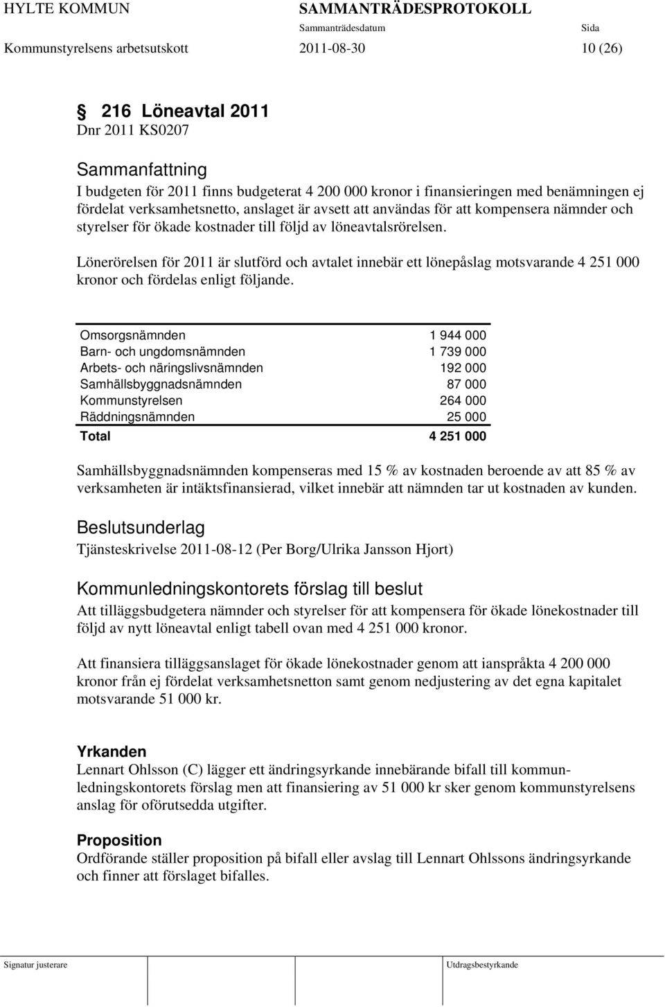 Lönerörelsen för 2011 är slutförd och avtalet innebär ett lönepåslag motsvarande 4 251 000 kronor och fördelas enligt följande.